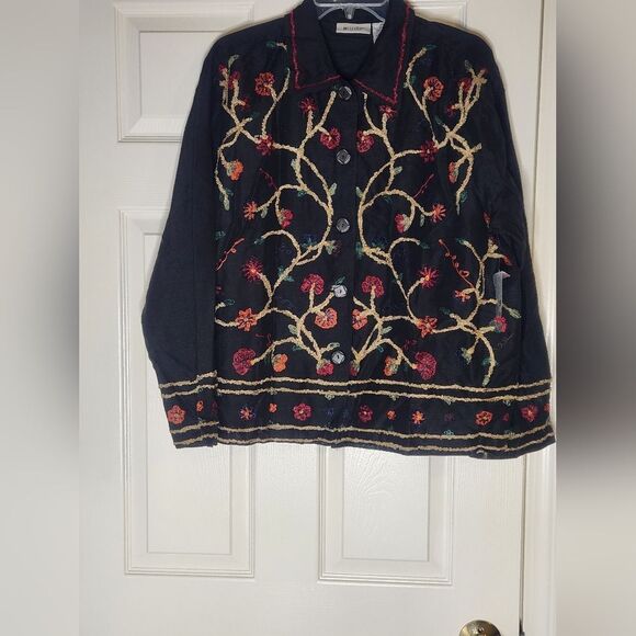 VTG 90s Units L SILK Blend Black Floral Crewel Embroidered Beaded Women Jacket - Picture 1 of 13